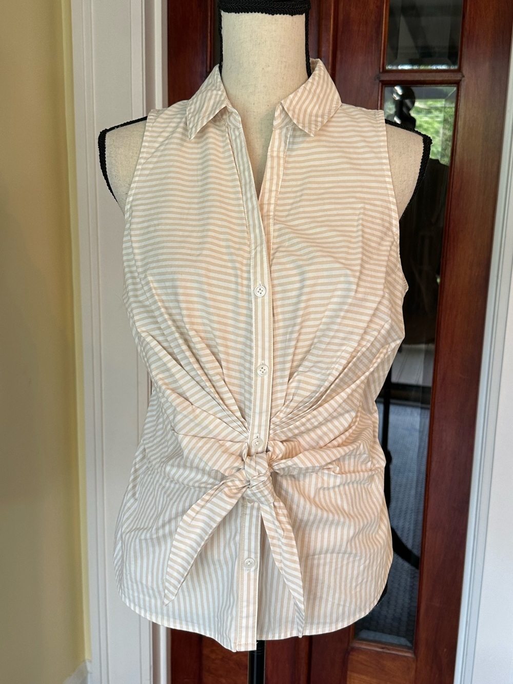 Nine West | Striped Sleeveless Tie-Front Button-Down Blouse Top, Size M